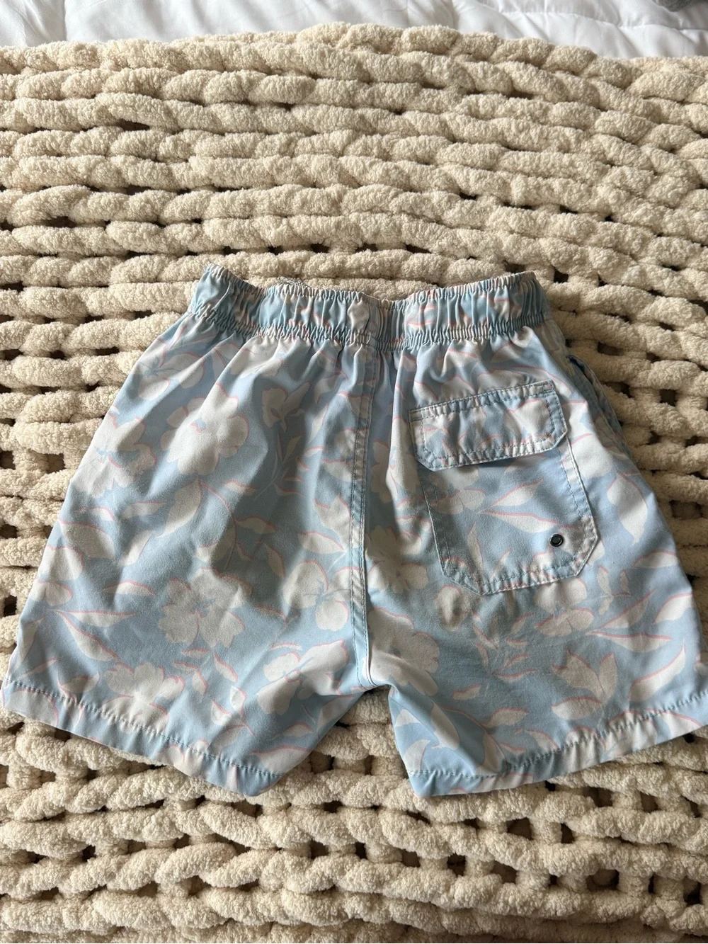Boys Light Blue Floral Swim Shorts with Elastic Waist